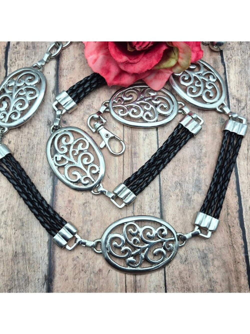 Ladies Silver Tone & Black Braided Faux Leather Chain Belt Swirl Size S Western